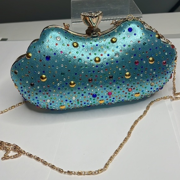 Damara Hardshell Evening Teal Metallic Geometric Clutch Shoulder Bag - New - Picture 2 of 12